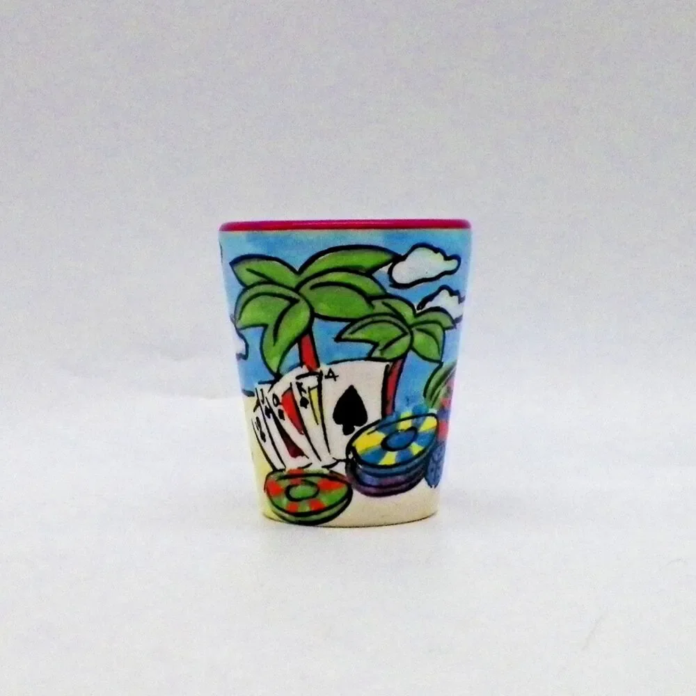 Las Vegas Ceramic Shot Glass Desert Red Sun Dice Cards Poker Chip Roulette Wheel
